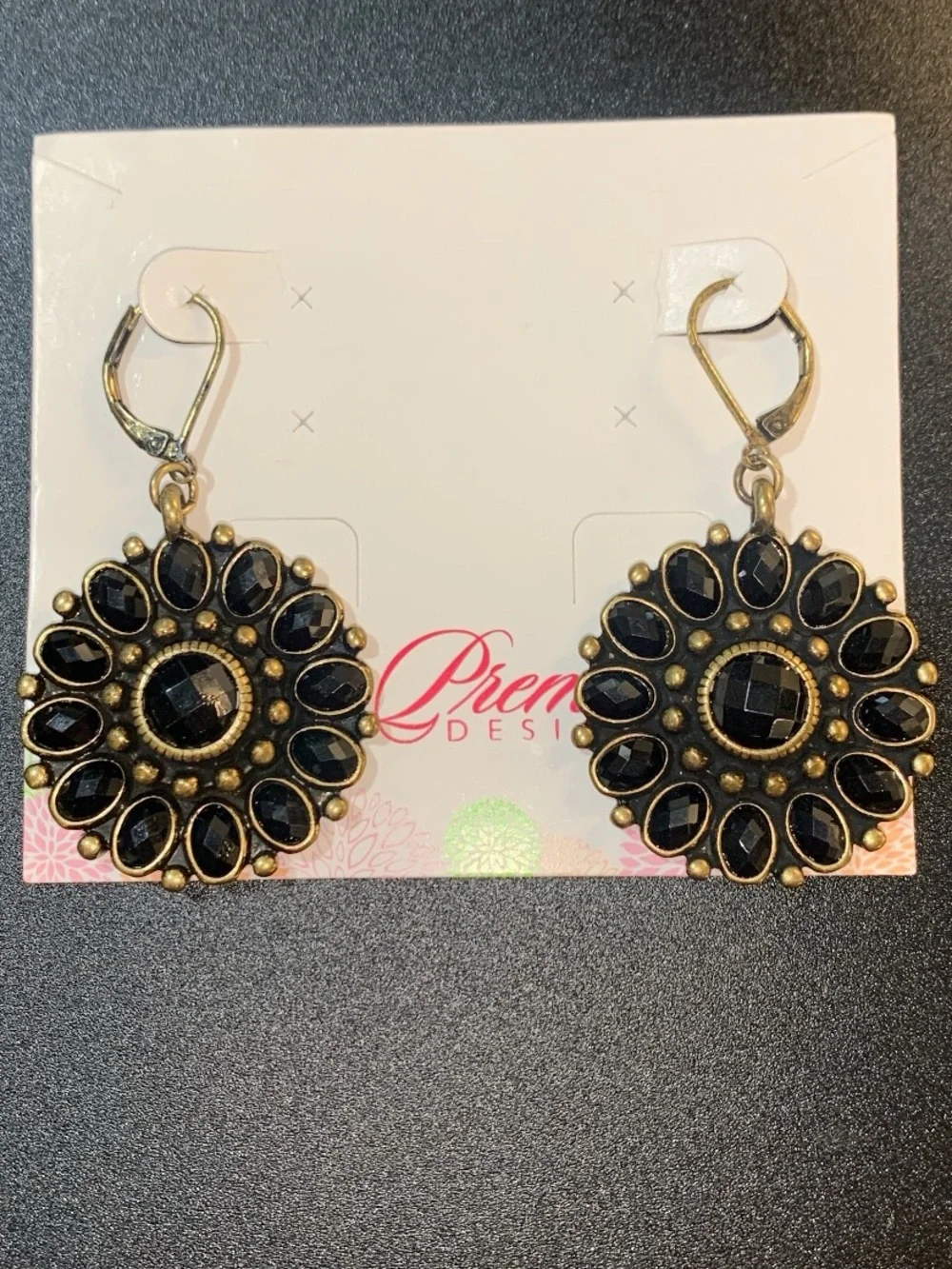 NWT Premier Designs antiqued gold tone and Black Floral Statement Drop Earrings